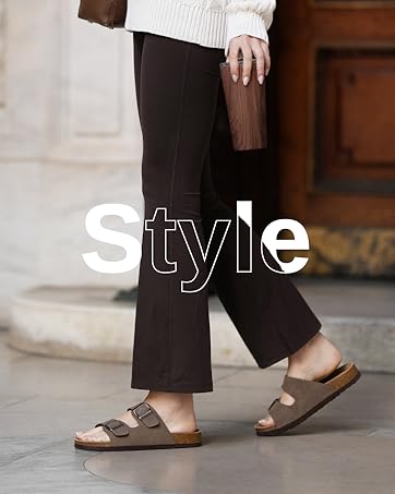 Image of a woman wearing Cushionaire slip-on sandals with text that reads style.